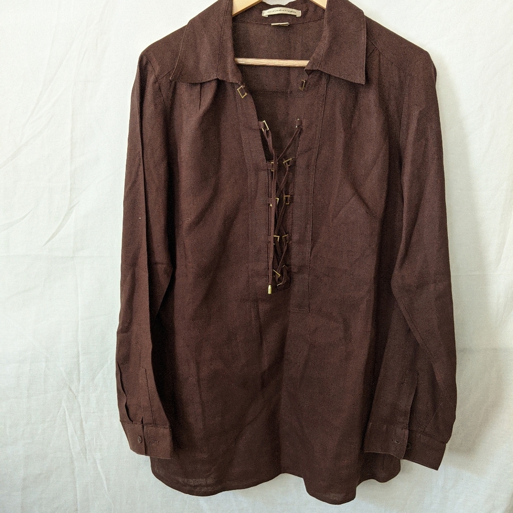 Ecologie Brown Linen Long Sleeve Lace-up Shirt/Tunic.  Size XL
